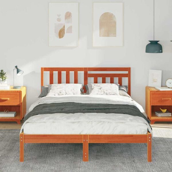 vidaXL Bed Frame with Headboard Wax Brown 120 x 190 cm Solid Pine Wood