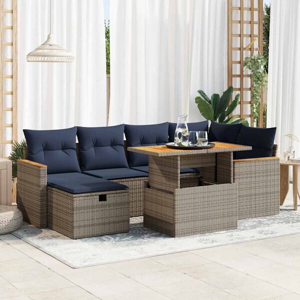 vidaXL 7 Piece Garden Sofa Set with Cushions Grey Poly Rattan Acacia