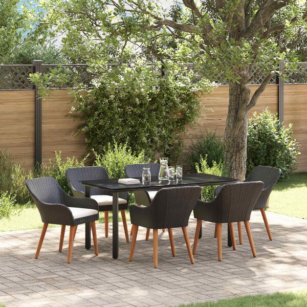 vidaXL Garden Dining Set with Cushion 7 pcs Black Poly Rattan