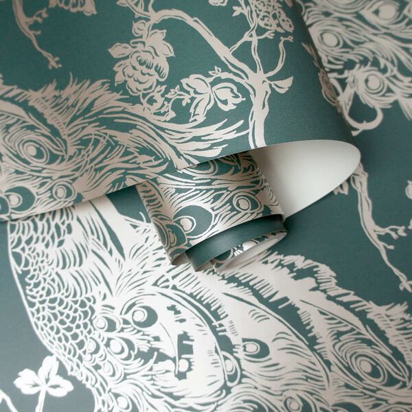 DUTCH WALLCOVERINGS Wallpaper Peacock Green and Silver