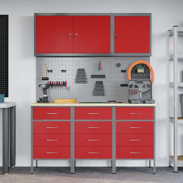vidaXL Work Cabinet with Drawer with Lock 8 pcs Red 150 x 55 x 200 cm