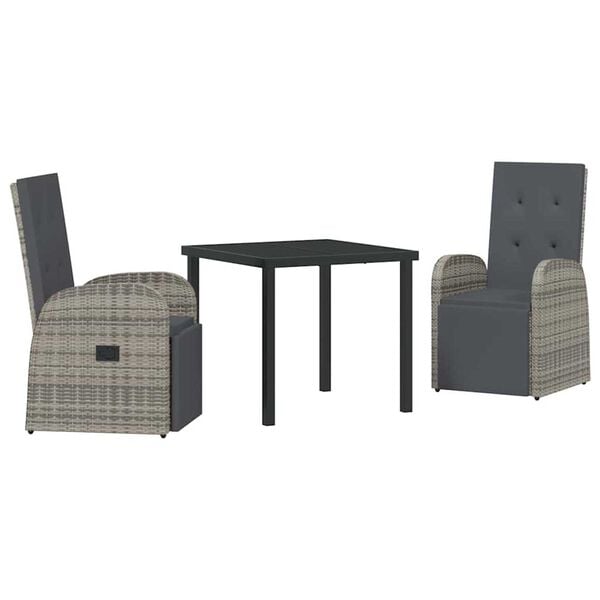vidaXL Garden Dining Set with Cushion 3 pcs Grey Poly Rattan