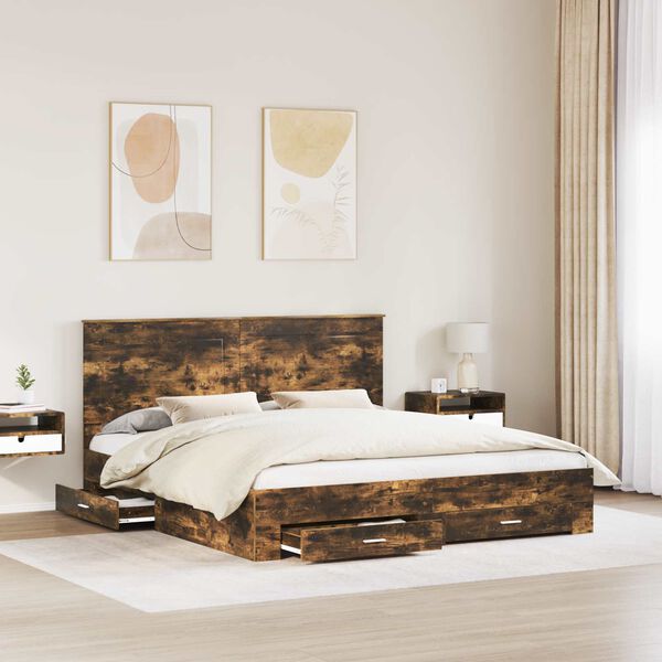 vidaXL Bed Frame with Drawer Smoked Oak 180 x 200 cm Engineered Wood