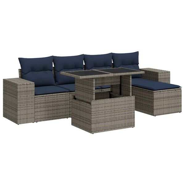 vidaXL 6 Piece Garden Sofa Set with Cushions Grey Poly Rattan Acacia