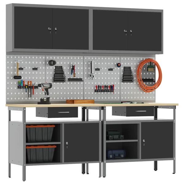 vidaXL Work Bench Set with Drawer 8 pcs Black 200 x 55 x 200 cm Steel