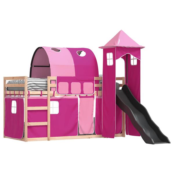 vidaXL Bunk Bed without Mattress with Slide and Curtains Pink 80x200 cm