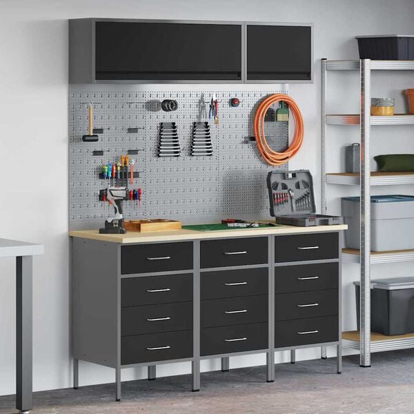 vidaXL Work Cabinet Set with Drawer with Storage Manual 8 pcs Black