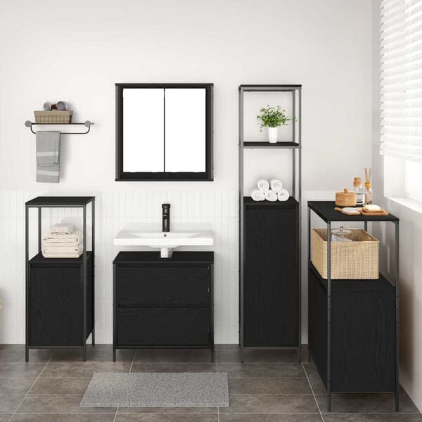vidaXL Bathroom Furniture Set with Shelf 5 pcs Black 76.5 x 35 x 95 cm