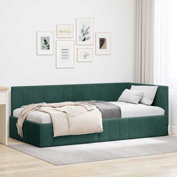 vidaXL Corner Bed Frame Dark Green 100 cm x 200 cm Velvet