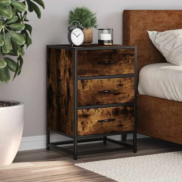 vidaXL Bedside Cabinet Smoked Oak 40x34.5x60 cm Engineered Wood and Metal