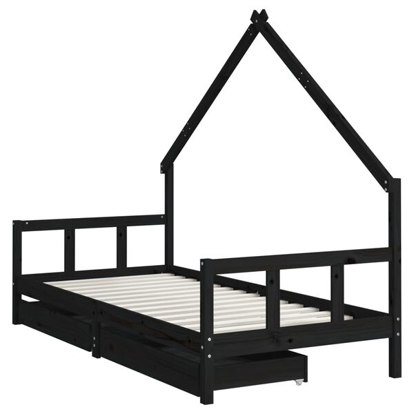 vidaXL Kids Bed Frame with Drawers Black 90x190 cm Solid Wood Pine