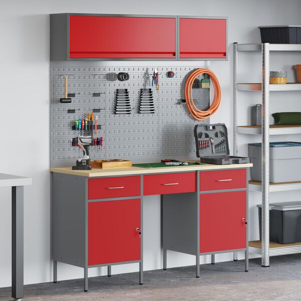 vidaXL Work Bench with Drawer 8 pcs Red 150 x 55 x 200 cm Steel