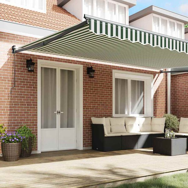 vidaXL Retractable Awning Manual Green and White 500 x 300 cm