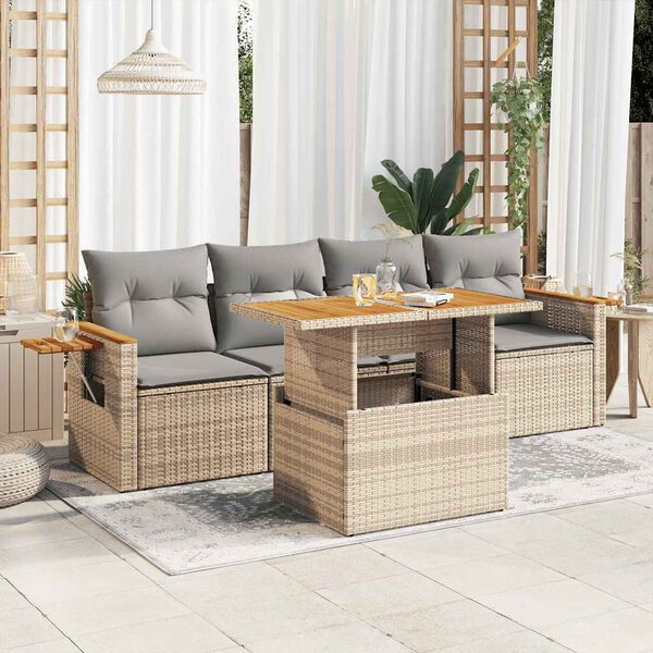 vidaXL 5 Piece Garden Sofa Set with Cushions Beige Poly Rattan Acacia