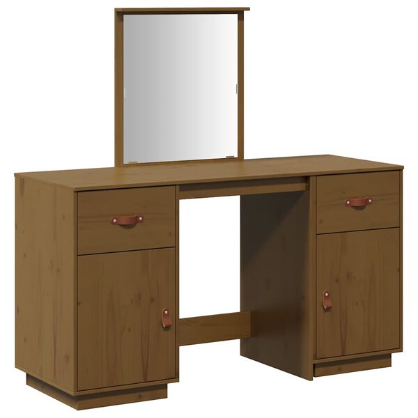 vidaXL Dressing Table Set with a Mirror Honey Brown Solid Wood Pine