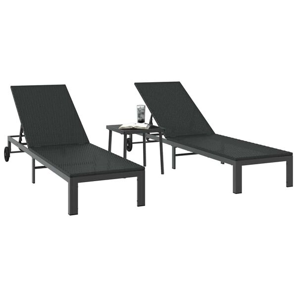 vidaXL Sunbed Reclining 2-person 3 pcs Black Poly Rattan