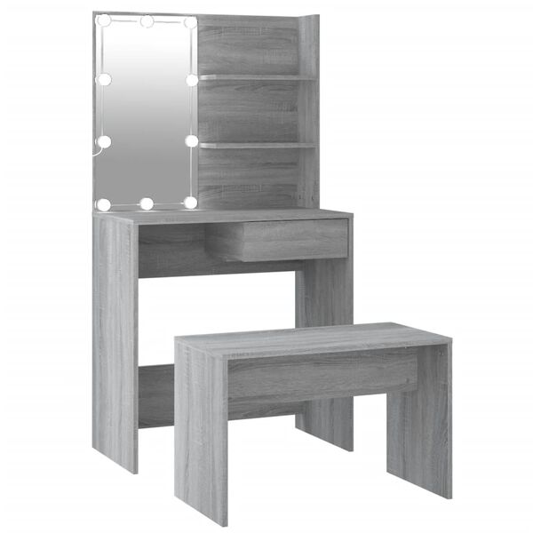 vidaXL Dressing Table Set with LED Grey Sonoma Engineered Wood