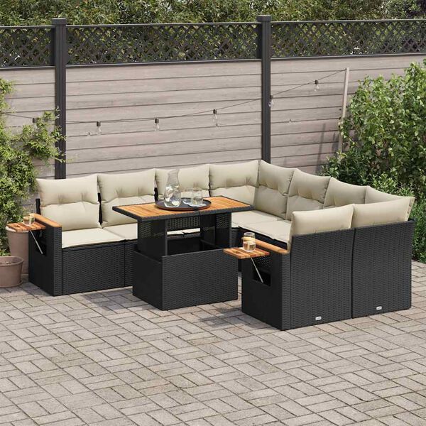 vidaXL 9 Piece Garden Sofa Set with Cushions Black Poly Rattan Acacia