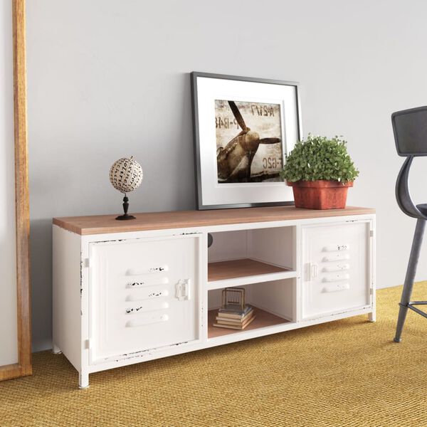 vidaXL TV Cabinet White 110x30x40 cm Iron and Solid Wood Fir