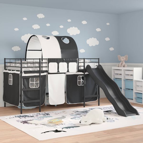 vidaXL Kids'Loft Bed Frame with Curtains, Arch, Slide Black