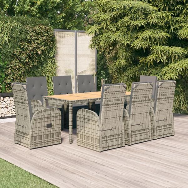 vidaXL 9 Piece Garden Dining Set Grey Poly Rattan&Solid Wood Acacia