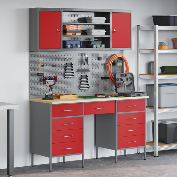 vidaXL Work Cabinet with Drawer 8 pcs Red Engineered Wood and Steel