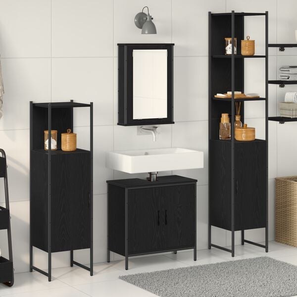 vidaXL Bathroom Furniture Set with Shelf 4 pcs Black Engineered wood