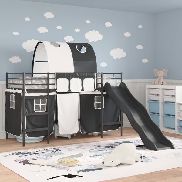 vidaXL Kids'Loft Bed Frame with Curtains, Arch, Slide Black