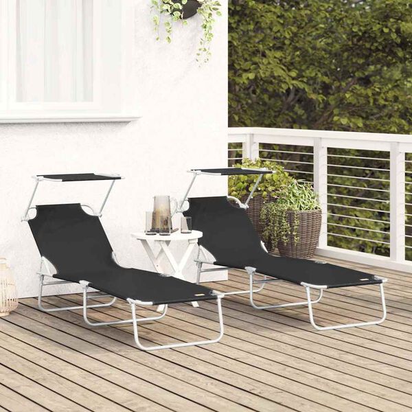 vidaXL Sun Lounger Folding 2-person 2 pcs Black 58 x 188 x 77cm Fabric