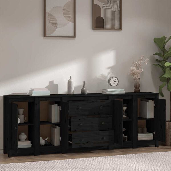 vidaXL Sideboard Black 230x35x80 cm Solid Wood Pine