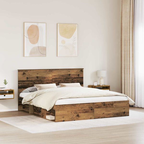 vidaXL Bed Frame with Headboard Old Wood 200 x 200 cm Solid Pine Wood