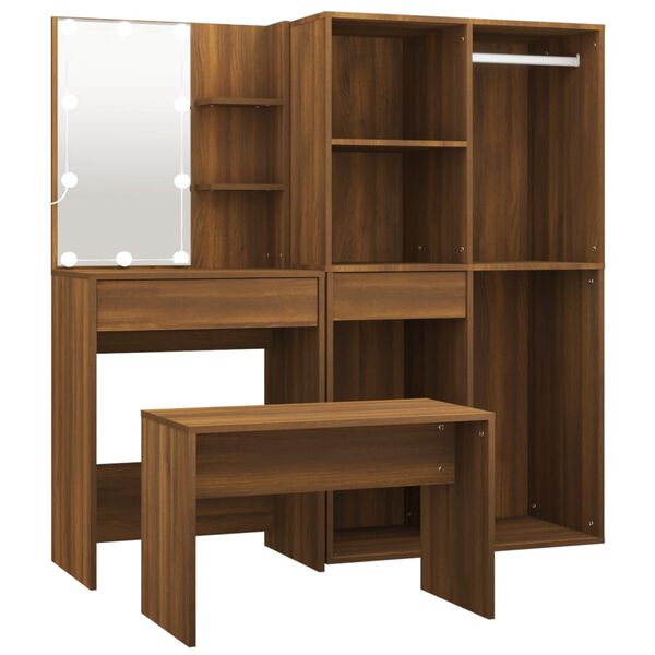 vidaXL Dressing Table Set with LED Brown Oak Engineered Wood