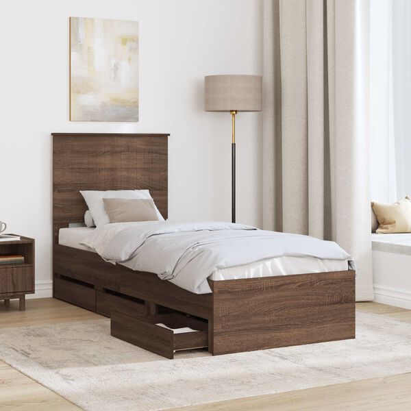 vidaXL Bed Frame with Drawer Brown Oak 75 x 190 cm Engineer Wood