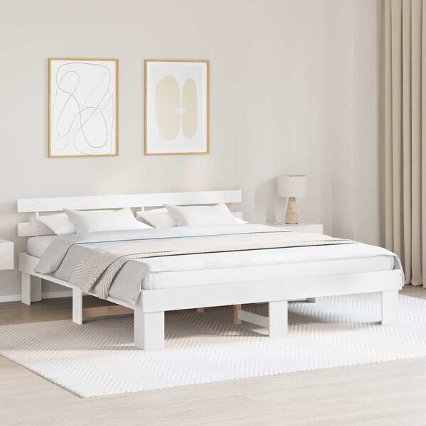 vidaXL Bed Frame with Headboard White 200 x 200 cm Solid Pine Wood