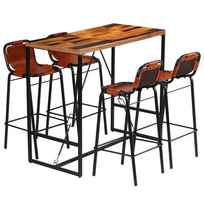 vidaXL Bar Set 5 Pieces Solid Reclaimed Wood and Genuine Goat Leather