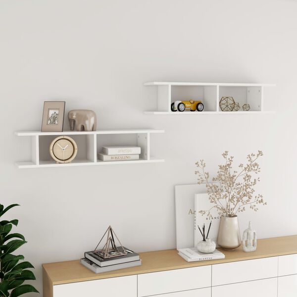 vidaXL Wall Shelf 2 pcs High Gloss White 90x18x20 cm Engineered Wood