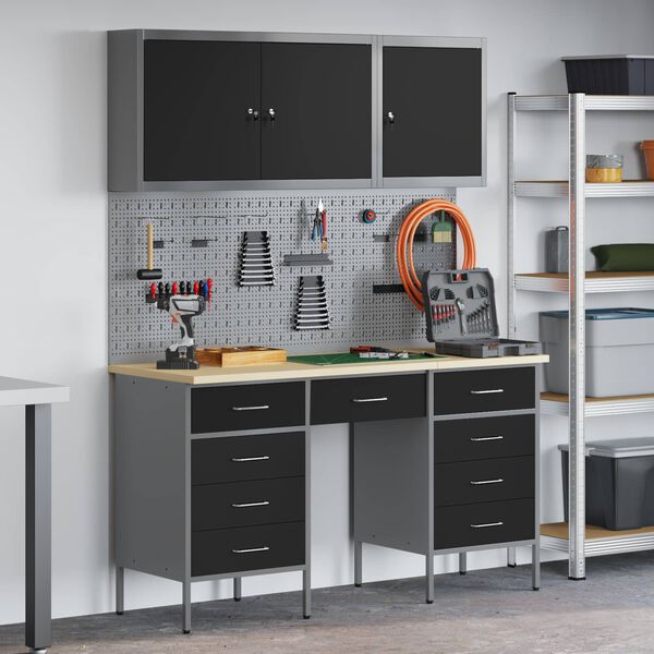 vidaXL Work Cabinet with Drawer 8 pcs Black Engineered Wood and Steel