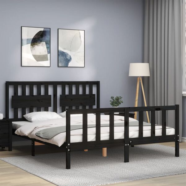 vidaXL Bed Frame without Mattress Black King Size Solid Wood Pine
