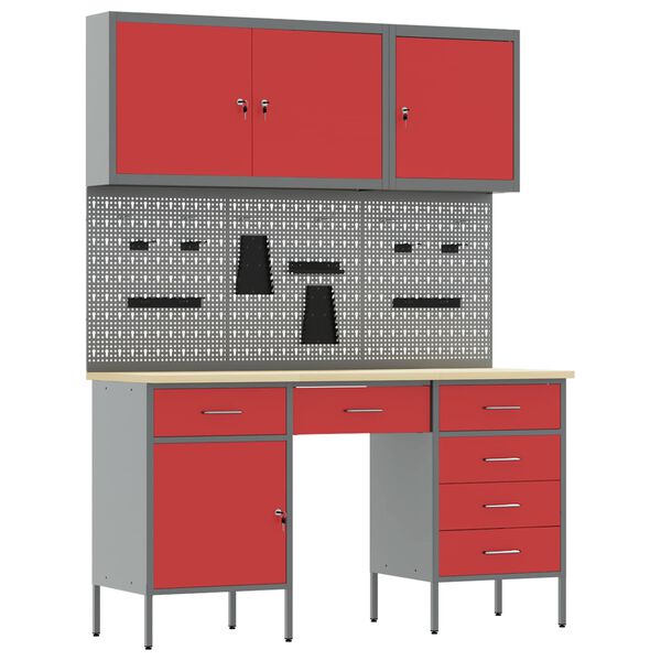 vidaXL Work Cabinet with Drawer 8 pcs Red Engineered Wood and Steel