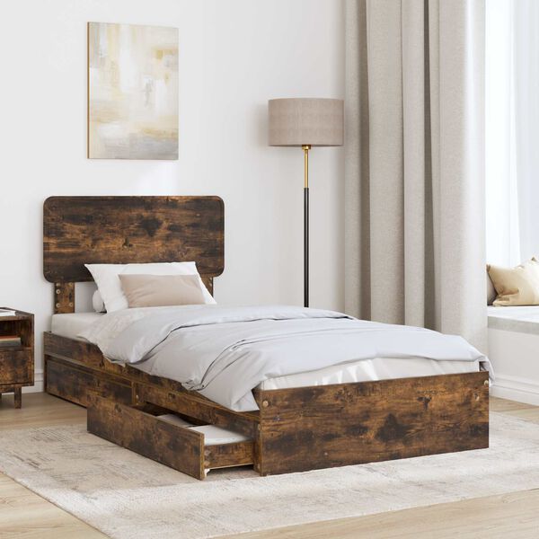 vidaXL Storage Bed with Drawer Smoked Oak 90 x 200 cm Engineered Wood