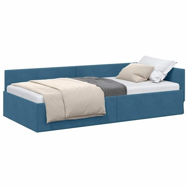 vidaXL Corner Bed Frame with Headboard Blue 90 cm x 190 cm Velvet