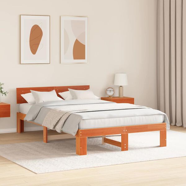 vidaXL Bed Frame with Headboard Wax Brown 135 x 190 cm Solid Pine Wood