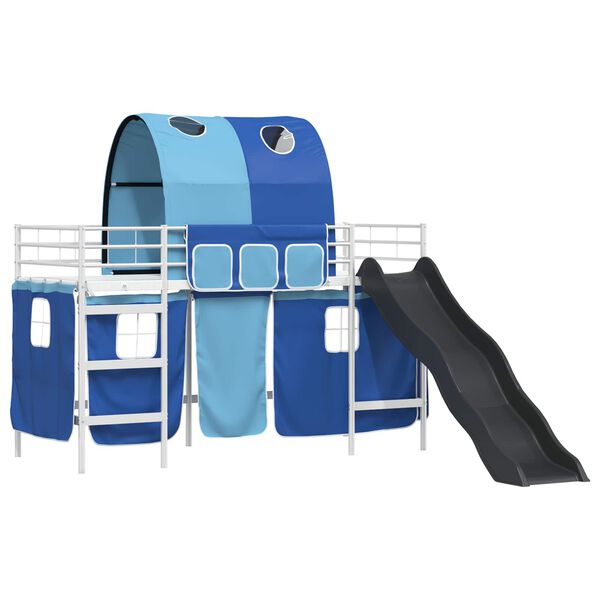 vidaXL Kids'Loft Bed Frame with Curtains, Arch, Slide White and Blue