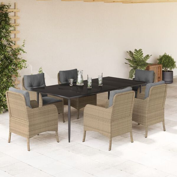 vidaXL 7 Piece Garden Dining Set with Cushions Beige Poly Rattan