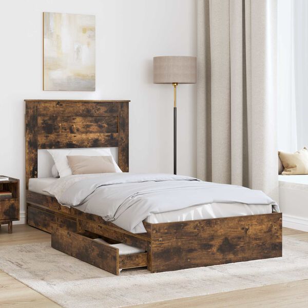 vidaXL Storage Bed with Drawer Smoked Oak 75 x 190 cm Engineered Wood