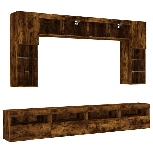 vidaXL 8 Piece TV Wall Cabinet Set with LED Lights Smoked Oak