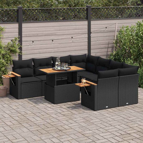 vidaXL 9 Piece Garden Sofa Set with Cushions Black Poly Rattan Acacia