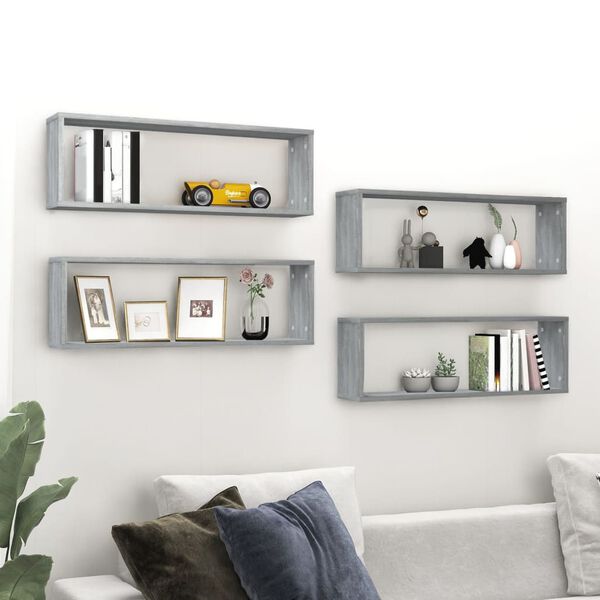 vidaXL Wall Cube Shelves 4 pcs Grey Sonoma 80x15x26.5 cm Engineered Wood