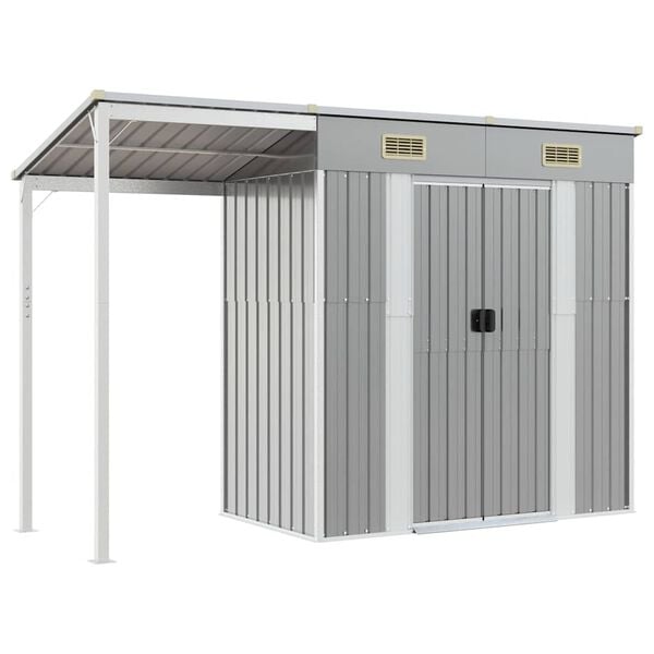 vidaXL Garden Shed with Extended Roof Light Grey 277x107x181 cm Steel