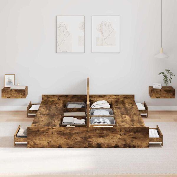 vidaXL Storage Bed Frame Smoked Oak 160 x 200 cm Engineered Wood